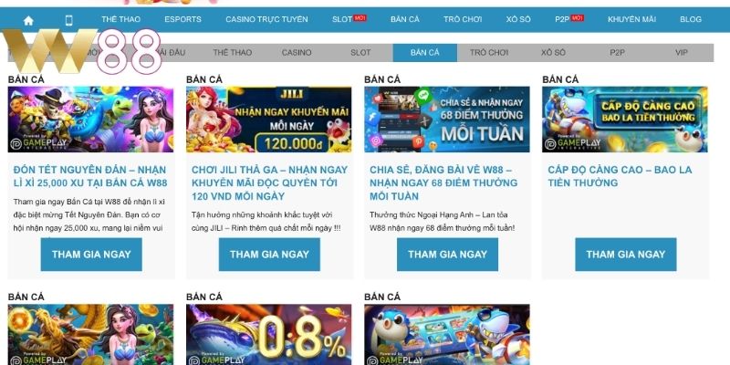 Khuyến mãi w88 dành riêng cho các tựa game thuộc sảnh bắn cá